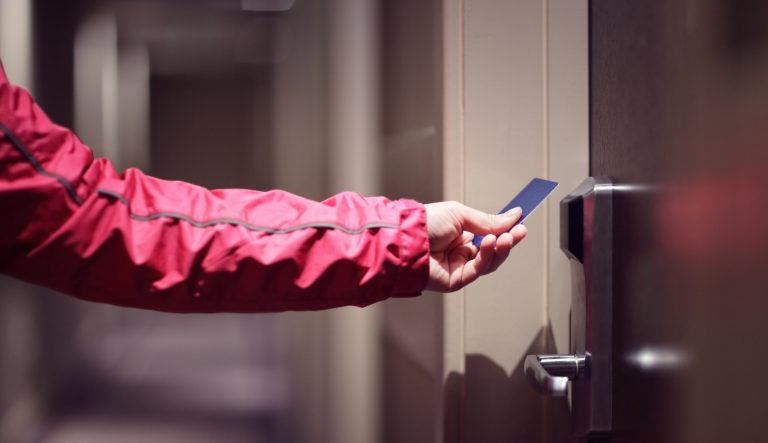 Opening hotel door with keyless entry card